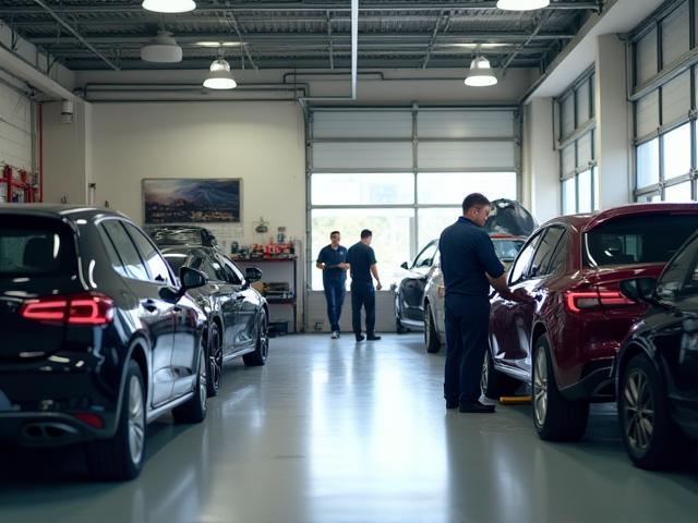 Modern friendly auto shop with technicians working on vehicles